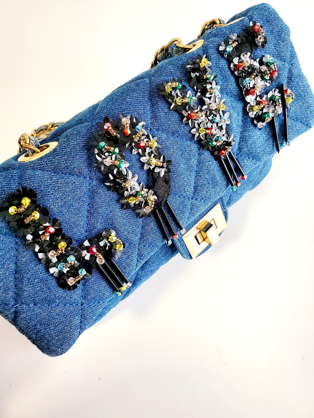 Sondra Roberts Blue Denim Shoulder Bag with Multicolor Beaded Embellishments